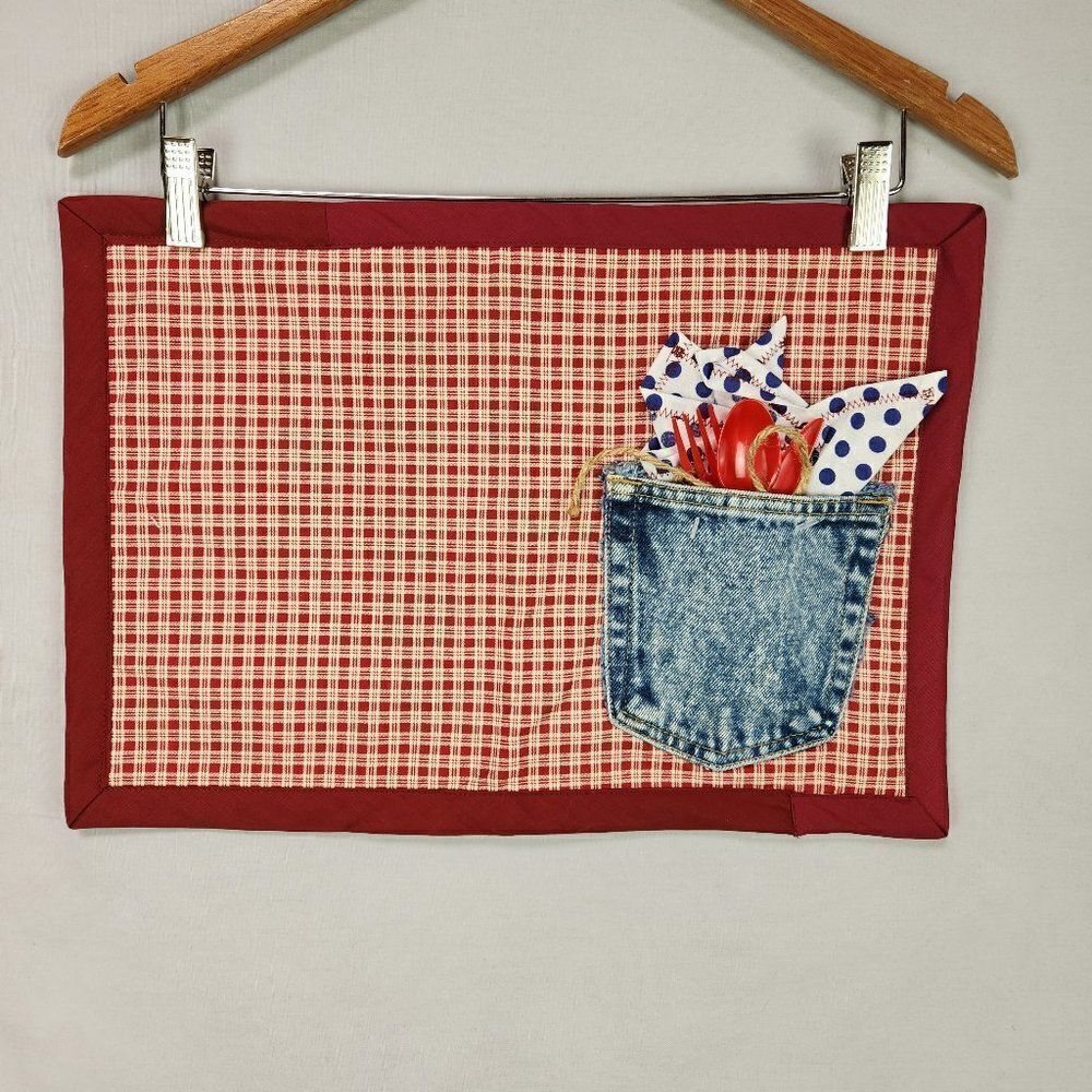 2 Western Country Plaid Placemats with Denim Utensil Pocket